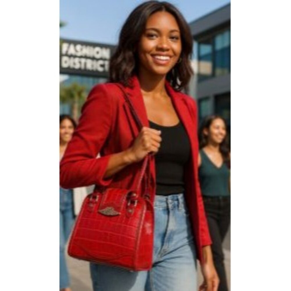 Marc Chantal  Croc Embossed Leather Handbag With Heart Accent Hardware